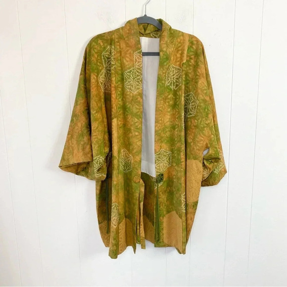 KIMONO jacket Haori VINTAGE TRADITIONAL JAPANESE Silk Green Yellow Batik Tie OS - Picture 7 of 16